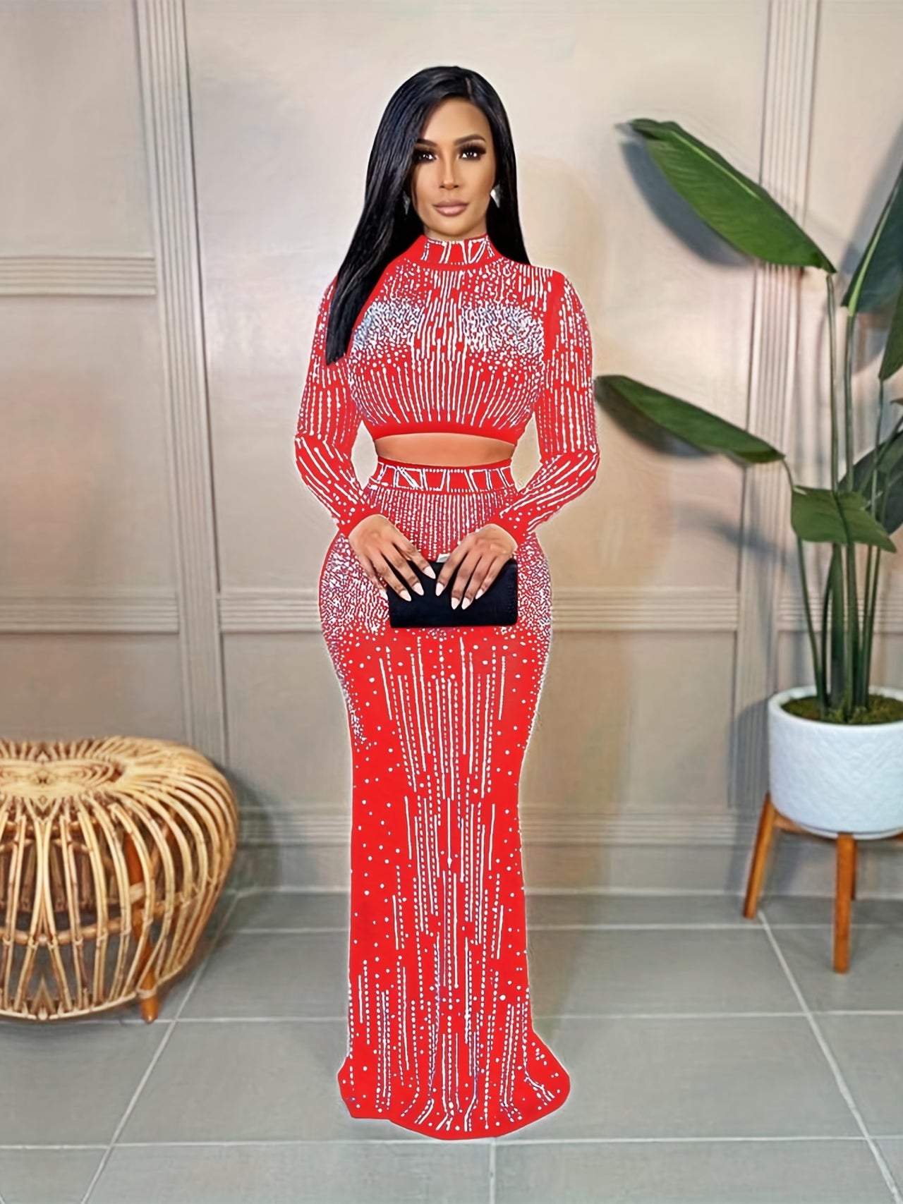 Party Rhinestone Two-piece Set, Bodycon Crop Top & High Waist Floor Length Skirt, Women's Clothing