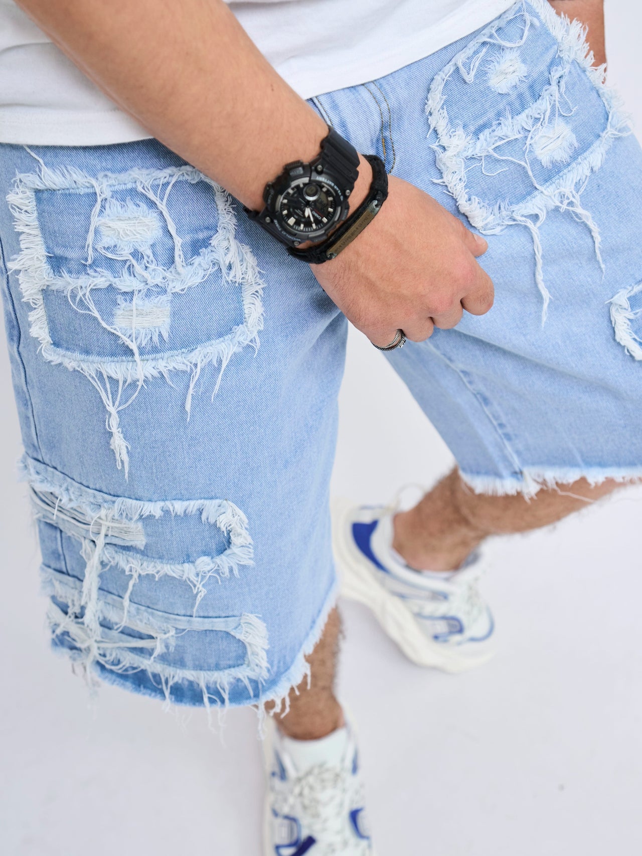 Men's Solid Frayed Denim Shorts With Pockets, Casual Cotton Blend Jeans For Summer Outdoor Activities - Update Avenue