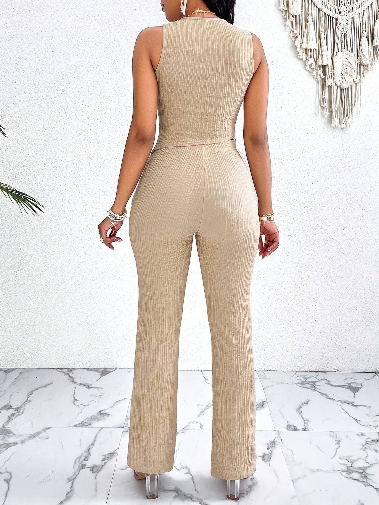 Textured Pantsuits Set, Tassel Hem Asymmetrical Tank Top & Straight Leg Pants Outfits, Women's Clothing