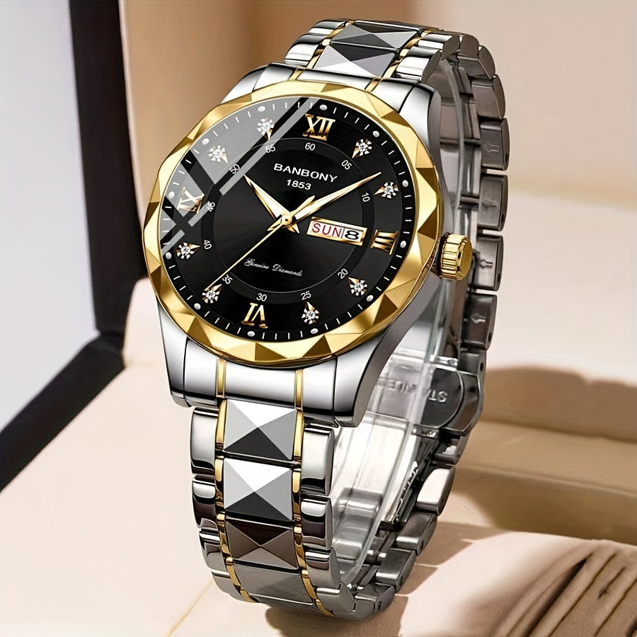 1pc Stainless Steel Strap Men's Roman Numerals Dial Rhinestones Multifunctional Watch, Ideal For Birthday, Holiday Gifts