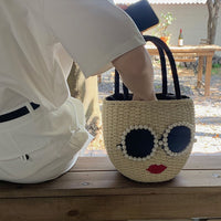 Thumbnail for Japanese fashion rattan woven handbag, cute cartoon Japanese style water bucket woven bag