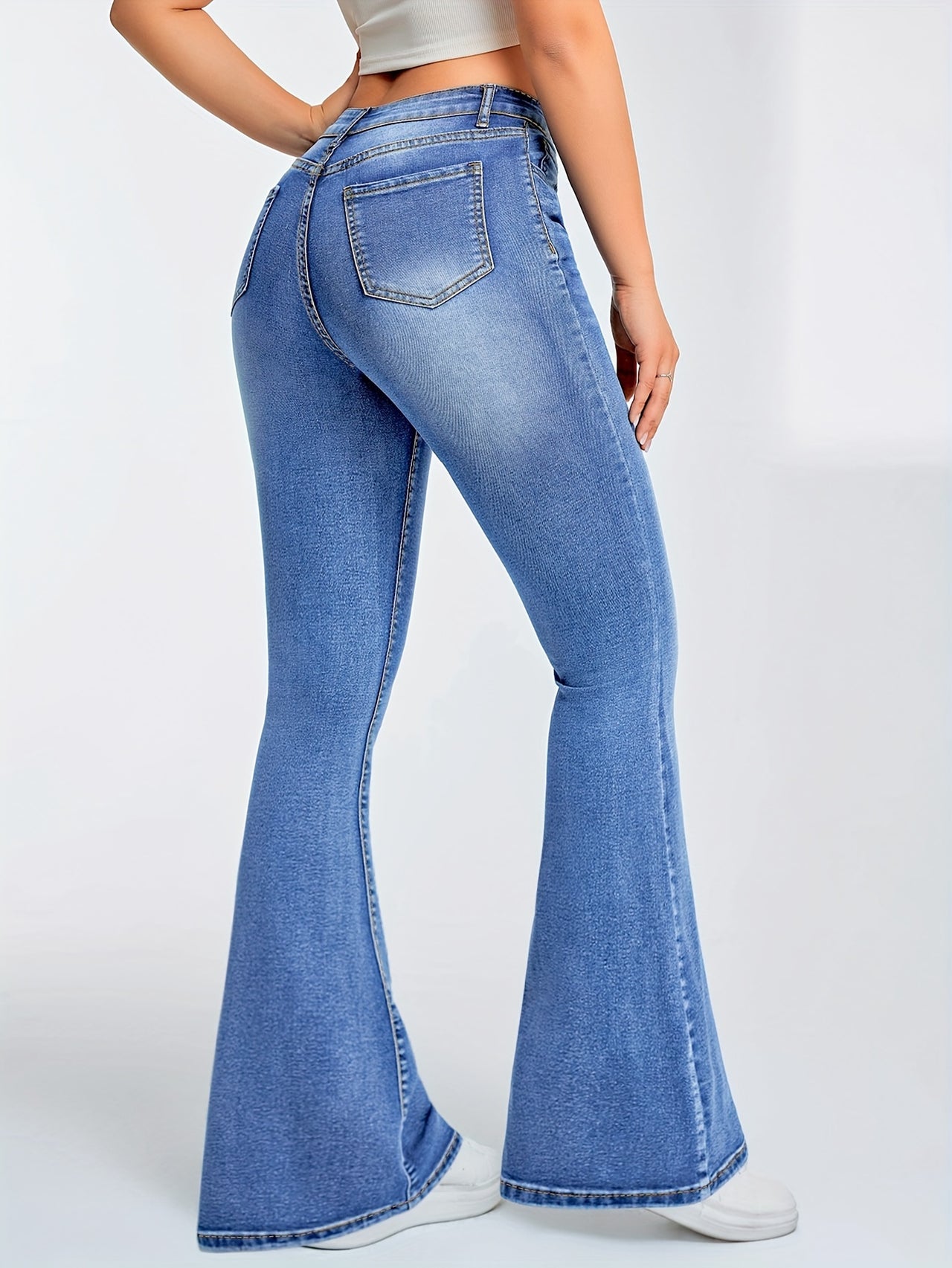 Plain Washed Blue Flare Leg Jeans, Slash Pockets High Stretch Preppy Denim Pants, Women's Denim Jeans & Clothing - Update Avenue