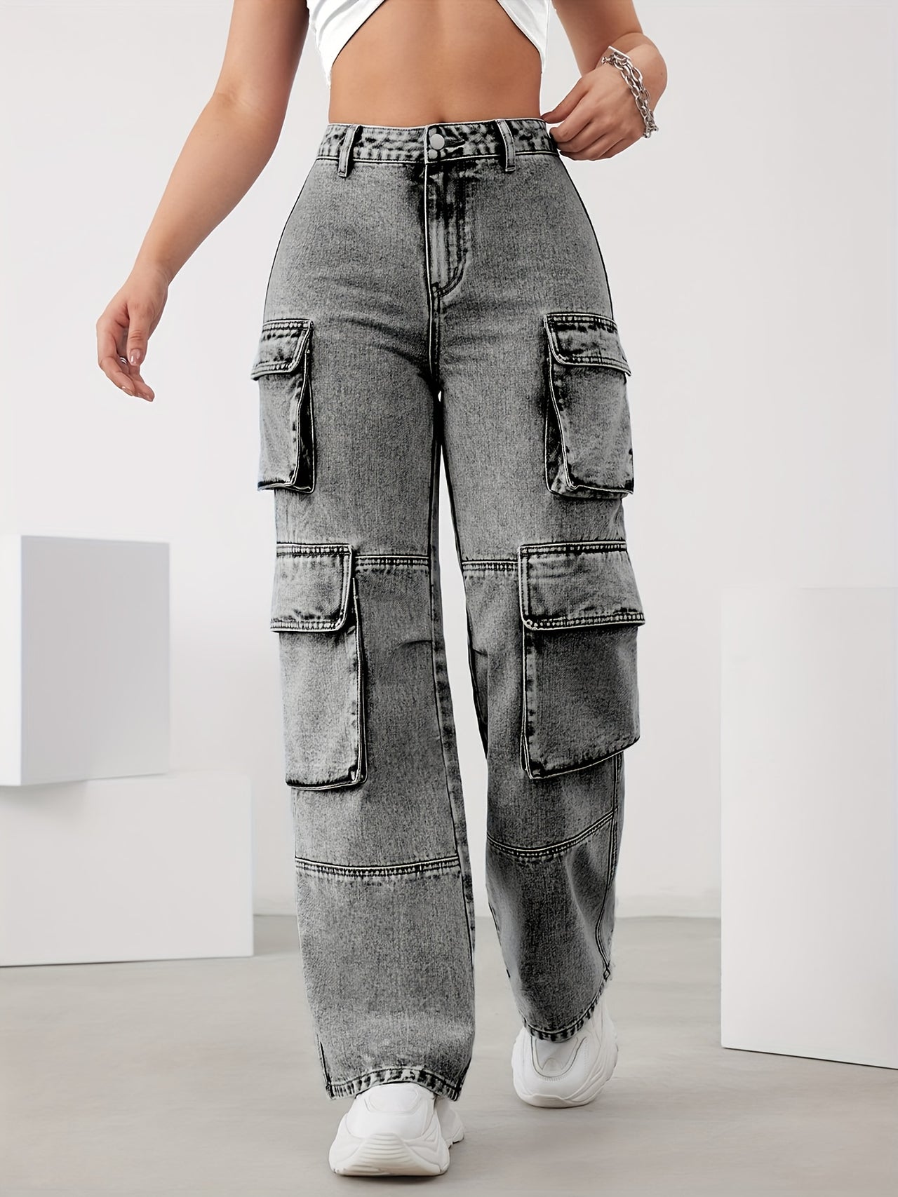 Elegant High-Waist Cargo Denim Pants for Women - Cotton Blend, Stretchy & Machine Washable, with Multiple Pockets - Update Avenue