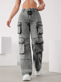 Thumbnail for Elegant High-Waist Cargo Denim Pants for Women - Cotton Blend, Stretchy & Machine Washable, with Multiple Pockets - Update Avenue