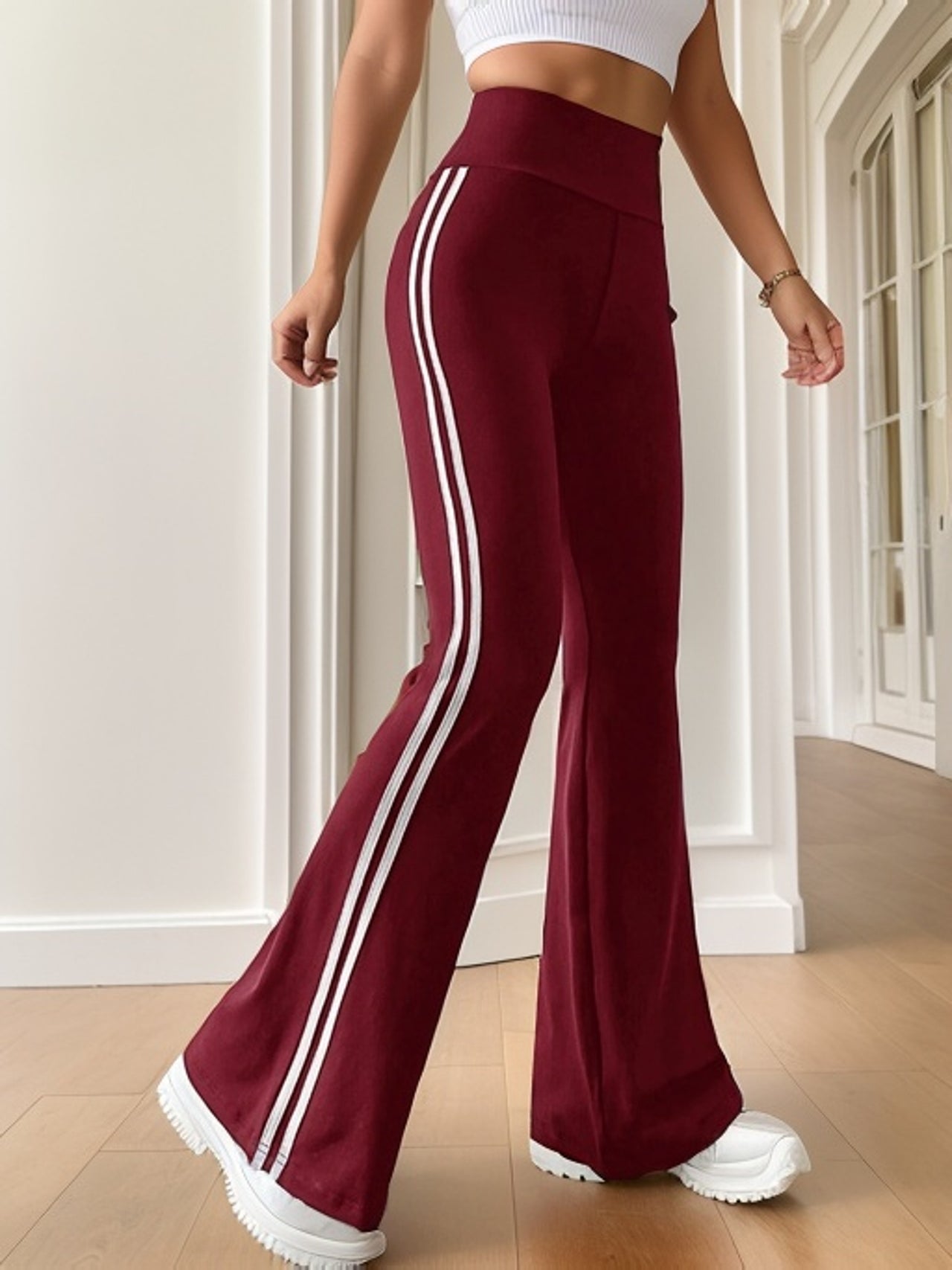 High-waisted Tummy Control Color-block Striped Flared Pants Basic Casual Flared Pants For Women - Update Avenue