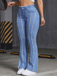 Thumbnail for Striped Raw Trim Plain Washed Blue Sexy Slim Fit Jeans, Women's Denim Jeans & Clothing