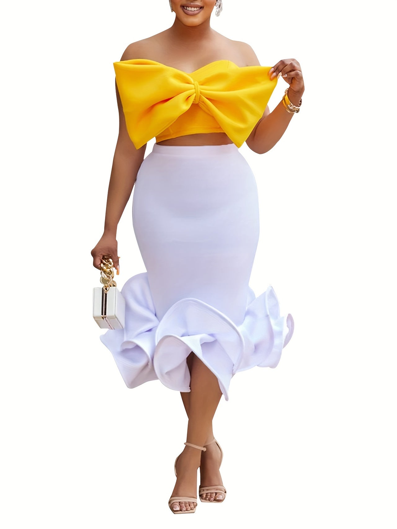 Solid Color Stylish Skirt Set, Bow Design Strapless Backless Crop Tube Top & Lettuce Hem High Waist Slim Skirt Outfits, Women's Clothing