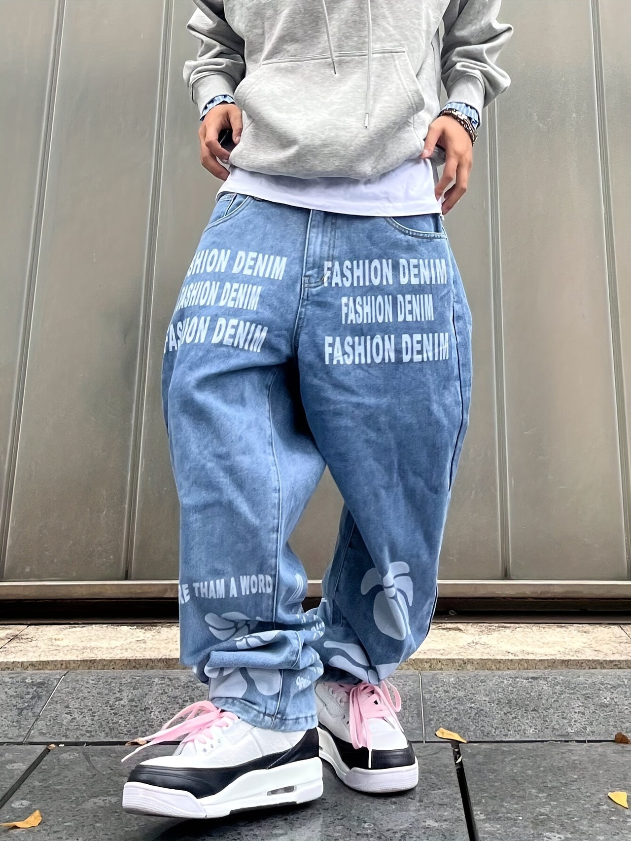 Men's Loose Letters Print Denim Trousers With Pockets, Causal Breathable Cotton Blend Jeans For Streetwear Outdoor Activities - Update Avenue