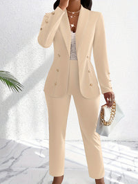 Thumbnail for Double Breasted Elegant Set, Long Sleeve Slim Fit Blazer & Straight Leg Pants, Women's Clothing