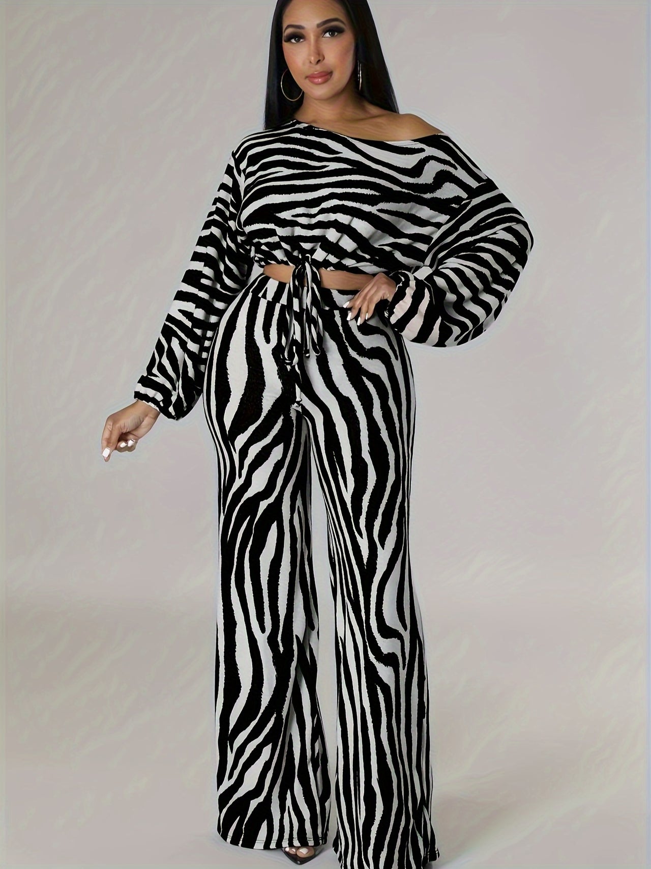 Zebra Pattern Elegant Pants Set, Cut Out Long Sleeve Knot Front Crop Top & Wide Leg High Waist Pants Outfits, Women's Clothing