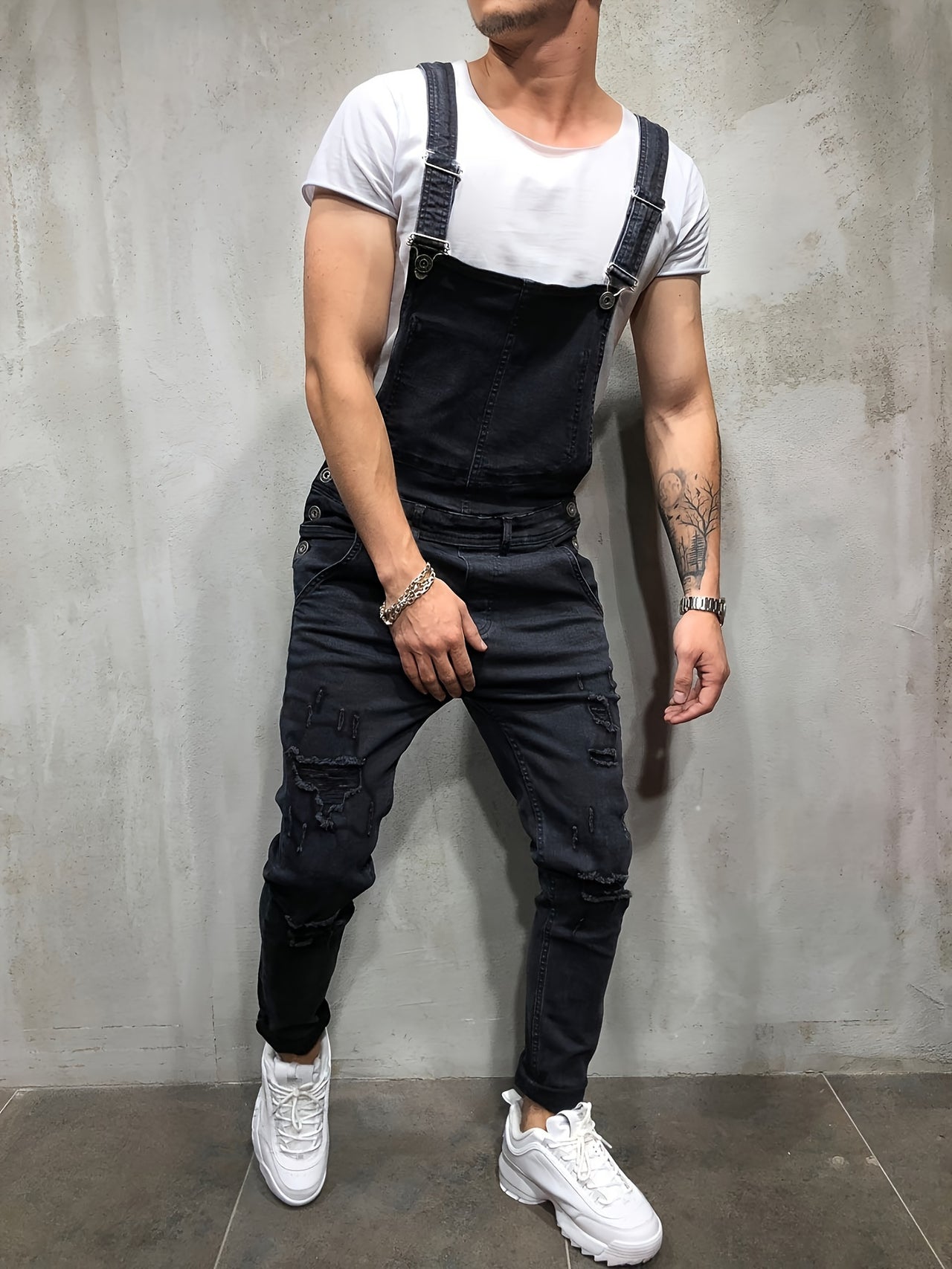 Men's Trendy Ripped Slim Fit Fashion Denim Suspender Bib Overalls, Men's Fashion Cargo Jumpsuit With Pockets For Outdoor - Update Avenue