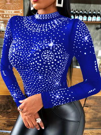 Thumbnail for Rhinestoned Mock Neck Mesh Bodysuit, Sexy Long Sleeve One-Piece Bodysuit, Women's Clothing