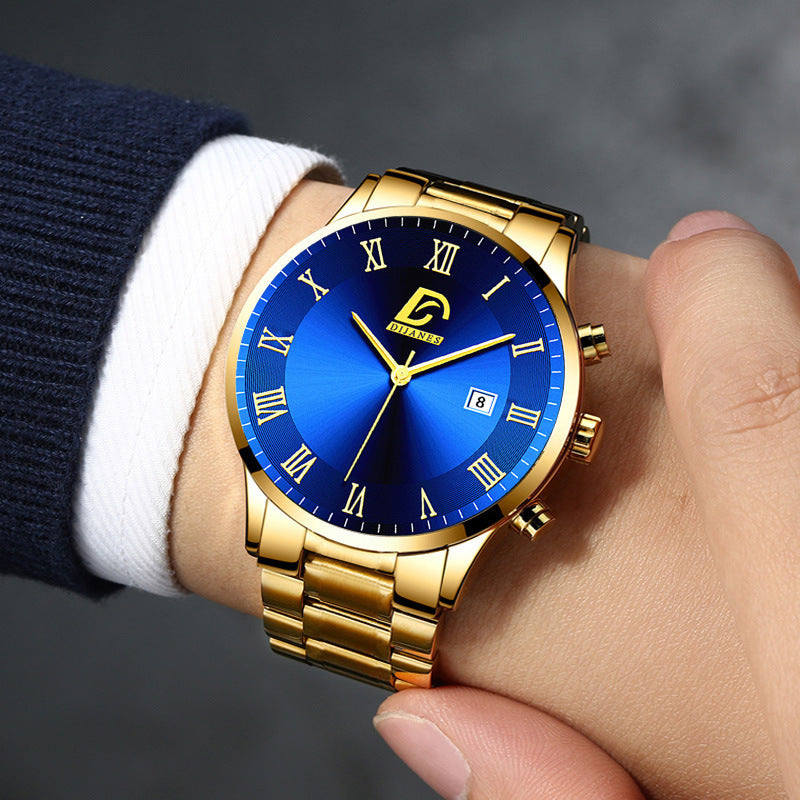 6P/Set Golden Business Casual Quartz Watch Set for Men, Golden Stainless Steel Watch for Men