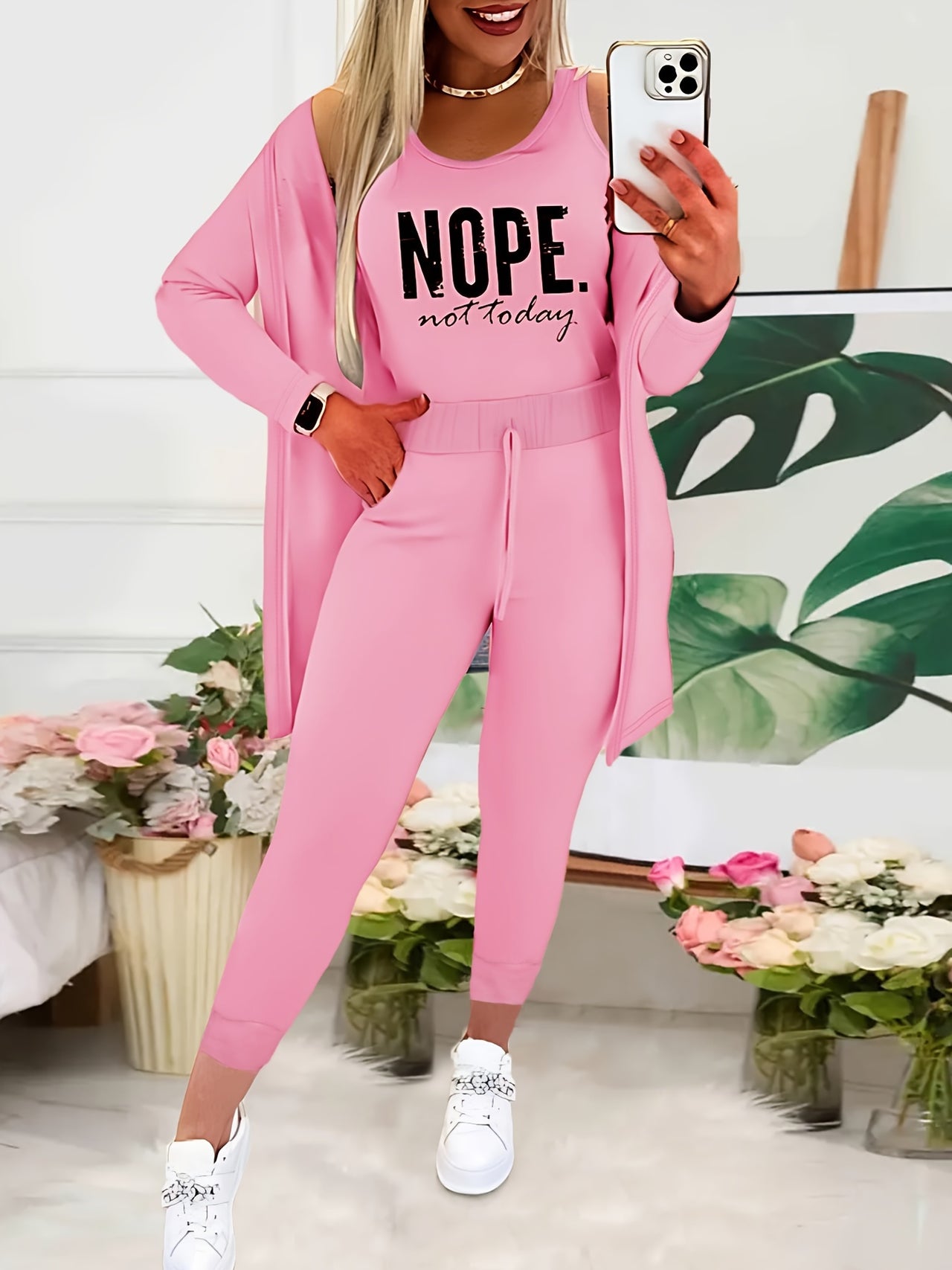 Casual Spring & Fall Three-piece Set, Nope Not Today Print Tank Top & Open Front Long Sleeve Outerwear & Tie Waist Pants Outfits, Women's Clothing