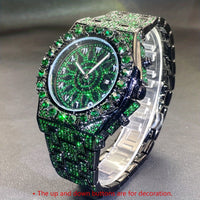 Thumbnail for MISSFOX Men's Hip-Hop Watch, Green Ice Diamonds, Fashion Quartz Clock, Luxurious Party Style, Non-Waterproof, Polygon Dial, Zinc Alloy Case, Calendar Feature, Regular Cleaning Required