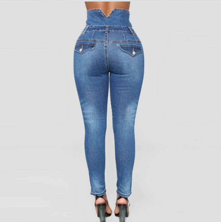 Factory direct cross-border hot European and American foreign trade plus-size high-waisted four-breasted stretch slim foot denim trousers women