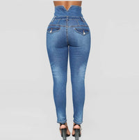 Thumbnail for Factory direct cross-border hot European and American foreign trade plus-size high-waisted four-breasted stretch slim foot denim trousers women