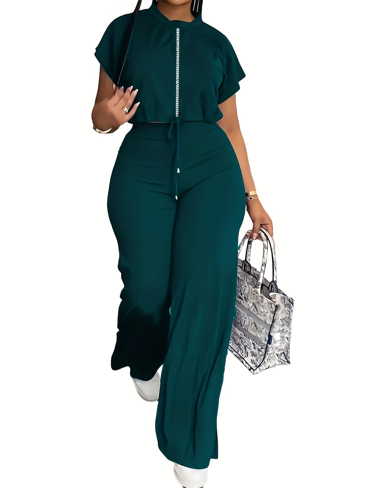 Casual Solid Two-piece Set, Crew Neck Short Sleeve Tops & Drawstring Long Length Pants Outfits, Women's Clothing