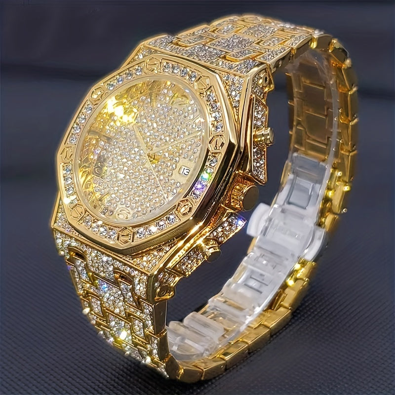 Golden Watch For Men, With Faux Diamond, Big Wrist Quartz Watches With Calendar, Bussiness Hip Hop Large Watch For Men, Ideal choice for Gifts