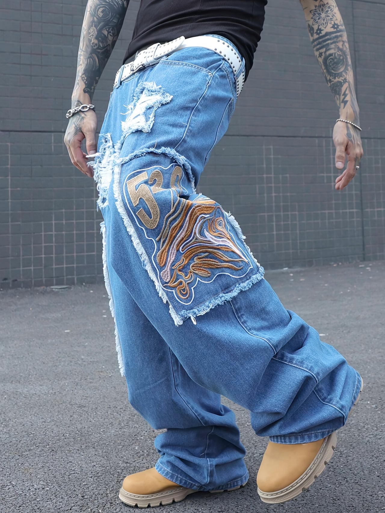 Men's Vintage-Inspired Embroidered Jeans - Hip Hop Street Style, Loose Fit, Cotton Blend, Machine Washable, for Autumn, Spring - Update Avenue