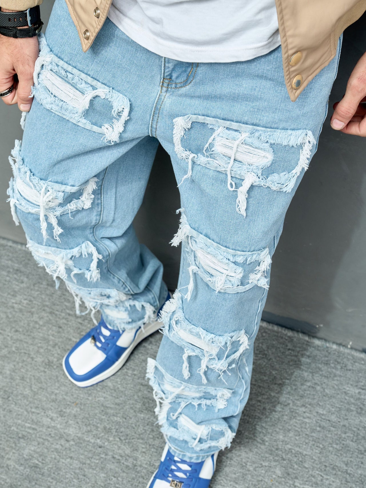 Novelty Ripped Patched Burlap Fringe Design Jeans, Men's Casual Street Style Loose Denim Pants, Men's Wide Leg Trousers - Update Avenue