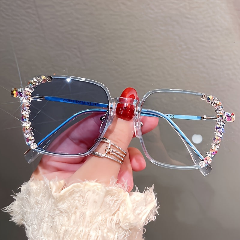 1pc Anti Eyestrain Glasses For Women Fashion Rhinestone Embellished Square Transparent Frame Eye Protection Computer Glasses