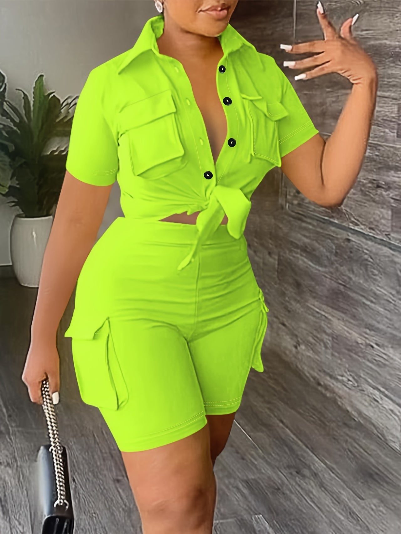 Casual Matching Two-piece Set, Button Front Blouse & Flap Pockets Shorts Outfits, Women's Clothing