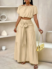 Thumbnail for Elegant Off-Shoulder Women's Casual Wide-Leg Pants Set - Polyester, Non-Stretch, Semi-Sheer with Bow Detail