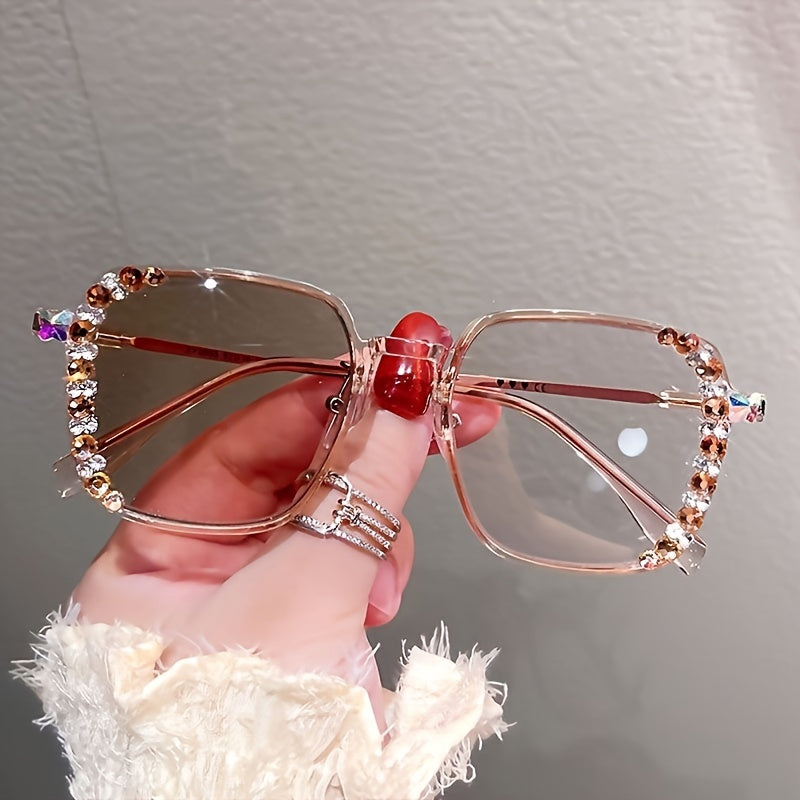 1pc Anti Eyestrain Glasses For Women Fashion Rhinestone Embellished Square Transparent Frame Eye Protection Computer Glasses