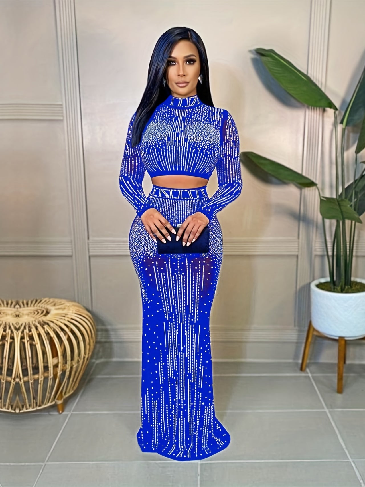 Party Rhinestone Two-piece Set, Bodycon Crop Top & High Waist Floor Length Skirt, Women's Clothing