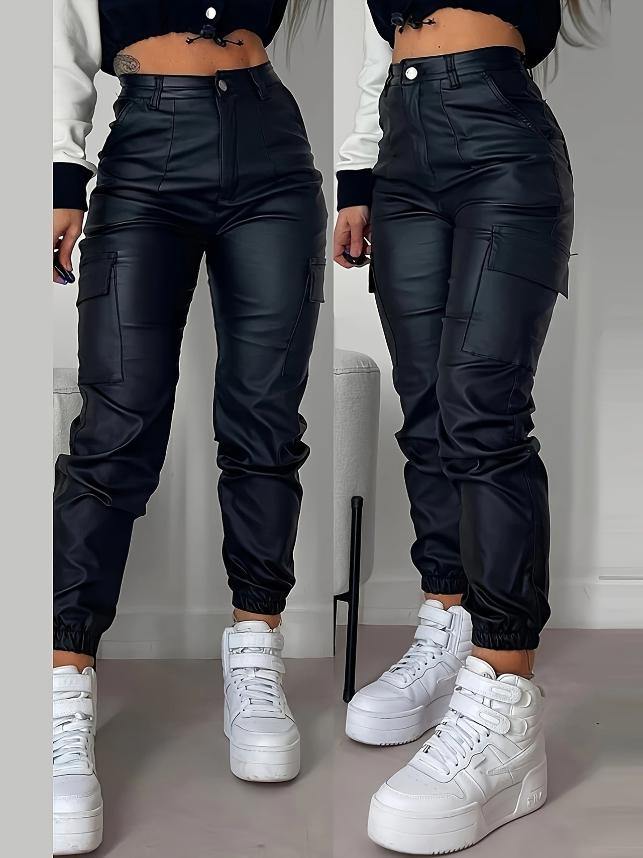 Flap Pockets Jogger Cargo Pants, Stylish Faux Leather High Waist Pants For Spring & Summer, Women's Clothing - Update Avenue