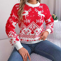 Thumbnail for 2025 New Year Autumn Winter Casual Deer Pattern Long Sleeve Hoodie Sweater Christmas For Women Red Green Knitted Pullover Jumper