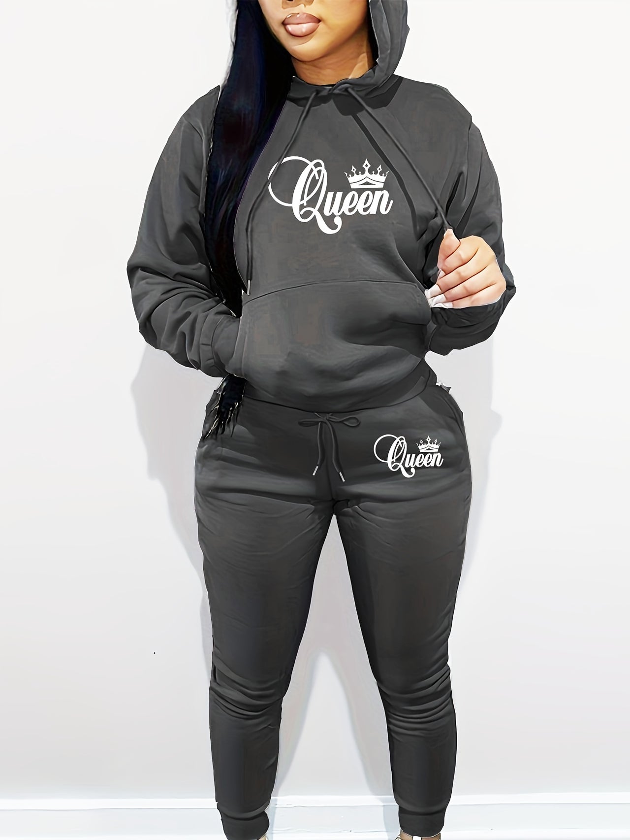 Women's Casual Hoodie and Pants Set with "Queen" Letter Print, Long Sleeve, Knit Fabric, Hooded, Pocket Detail, Polyester, Regular Fit, Autumn/Winter Collection