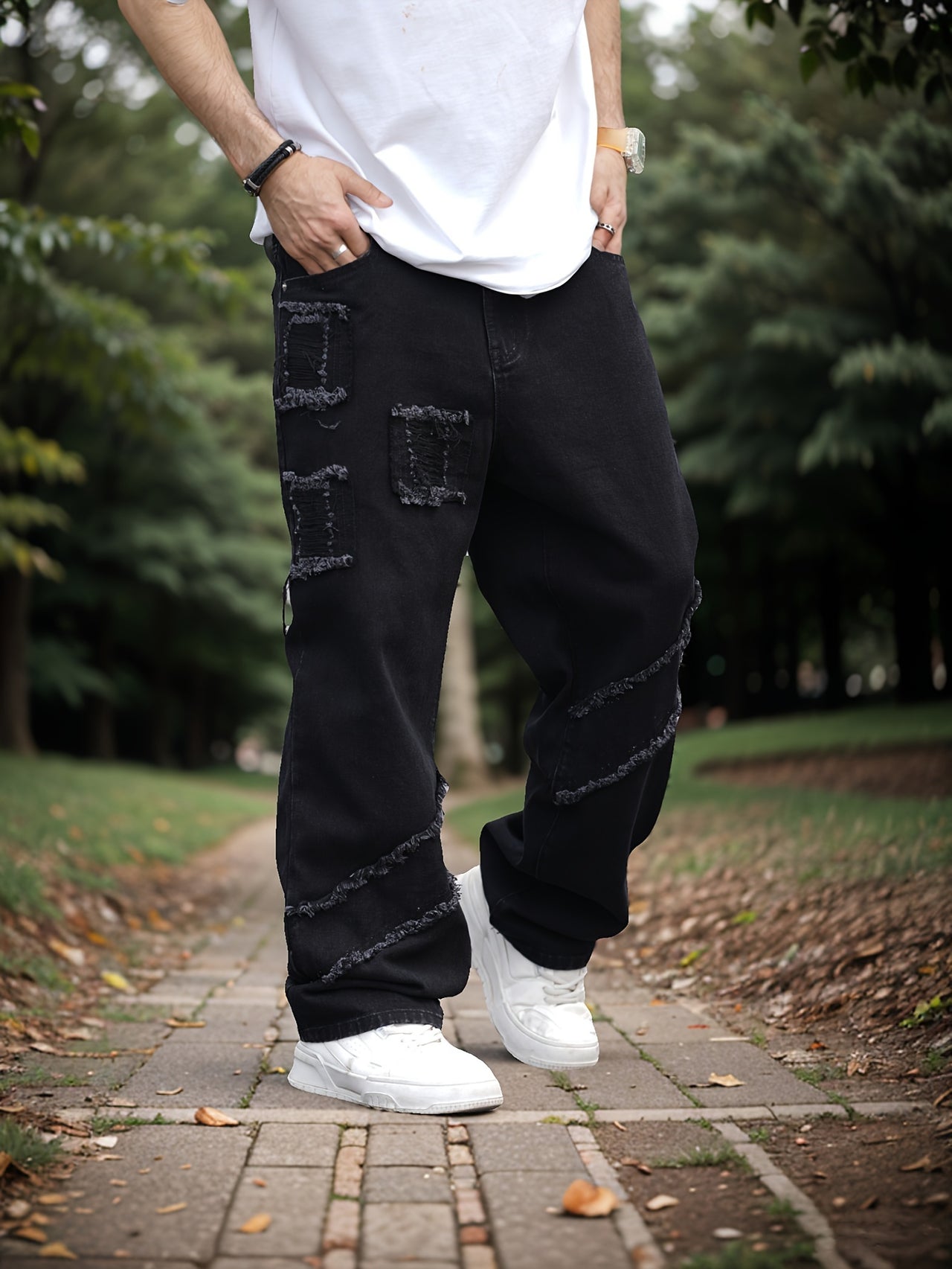 Men's Loose Frayed Denim Trousers With Pockets, Street Style Cotton Blend Jeans For Outdoor Activities