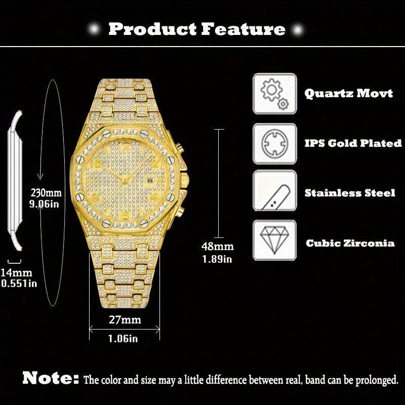 Golden Watch For Men, With Faux Diamond, Big Wrist Quartz Watches With Calendar, Bussiness Hip Hop Large Watch For Men, Ideal choice for Gifts