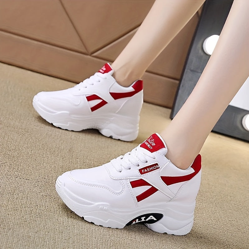 Women's Fashionable High-Top Sneakers - Casual Lace-Up Platform Shoes with 8.0cm Height Boost, Breathable Mesh Lining, Non-Slip Rubber Sole, Versatile Solid Color, Comfortable & Stylish for All Seasons - Update Avenue