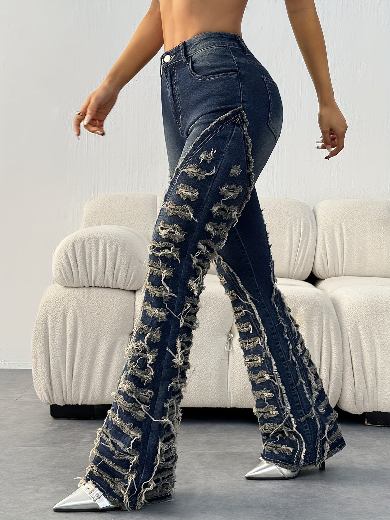 High-Waist Vintage Washed Flare Jeans for Women - Stretch Denim with Tassel Detail, Street Style Fashion