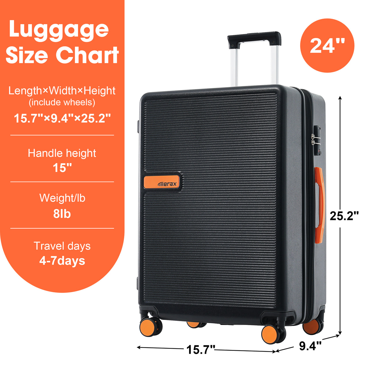 Contrast Color Hardshell Luggage 24inch Expandable Spinner Suitcase with TSA Lock Lightweight Black + ABS