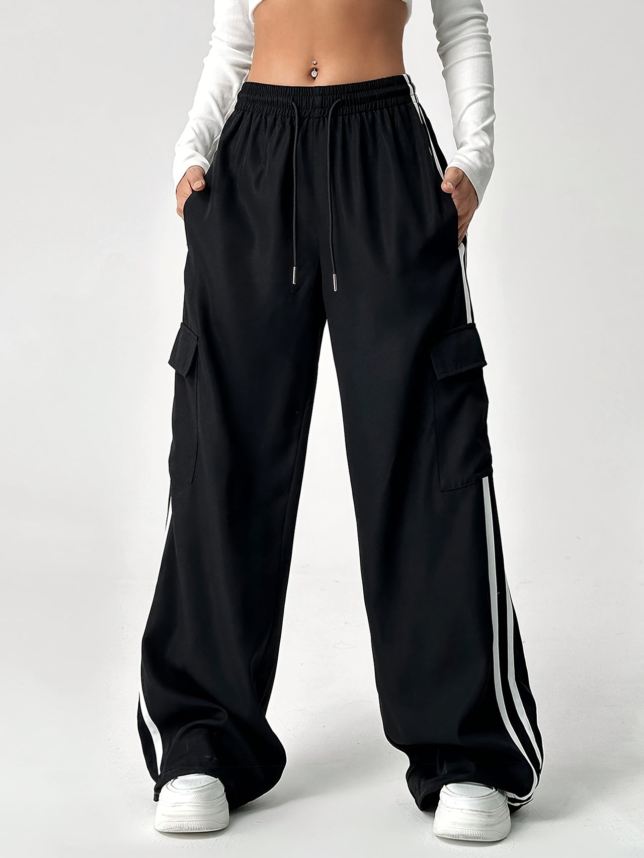 Flap Pockets Striped Wide Leg Pants, Y2K Drawstring High Waist Loose Pants For Spring & Summer, Women's Clothing - Update Avenue