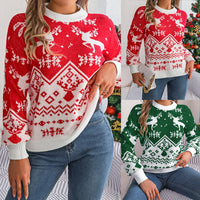 Thumbnail for 2025 New Year Autumn Winter Casual Deer Pattern Long Sleeve Hoodie Sweater Christmas For Women Red Green Knitted Pullover Jumper