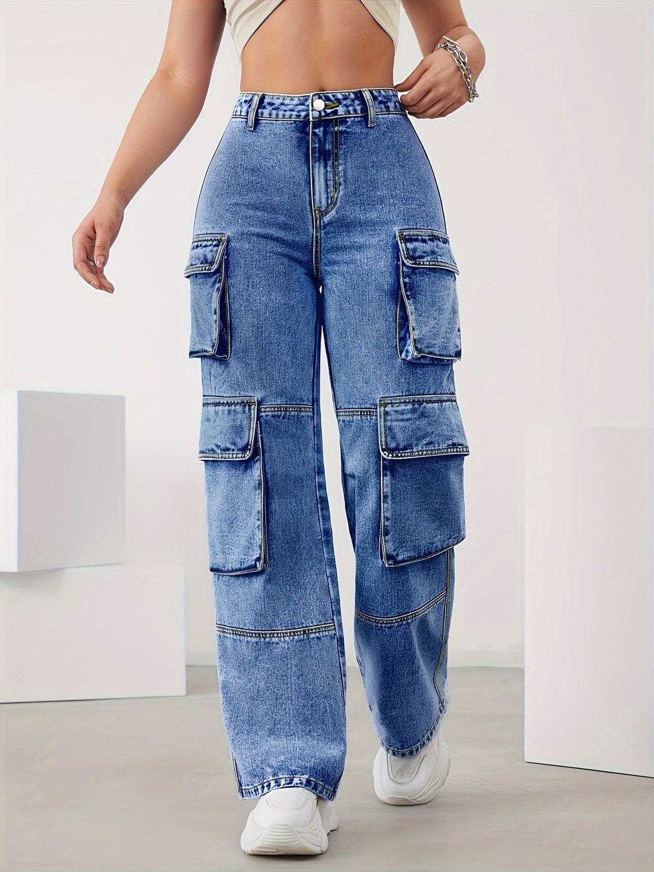 Women's High Waisted Cargo Jeans - Casual Solid Color Denim Pants with Multiple Pockets, High Stretch Fabric, Button Fly, Long Length, Elegant All-Season Cotton Blend Woven Cargo Trousers - Update Avenue