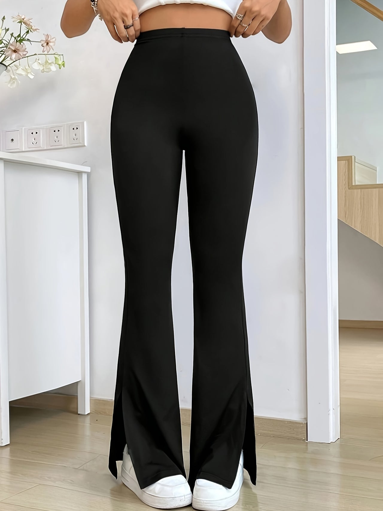 Split Hem Flare Leg Pants, Casual Solid Color High Waist Forbidden Pants For Spring & Summer, Women's Clothing - Update Avenue