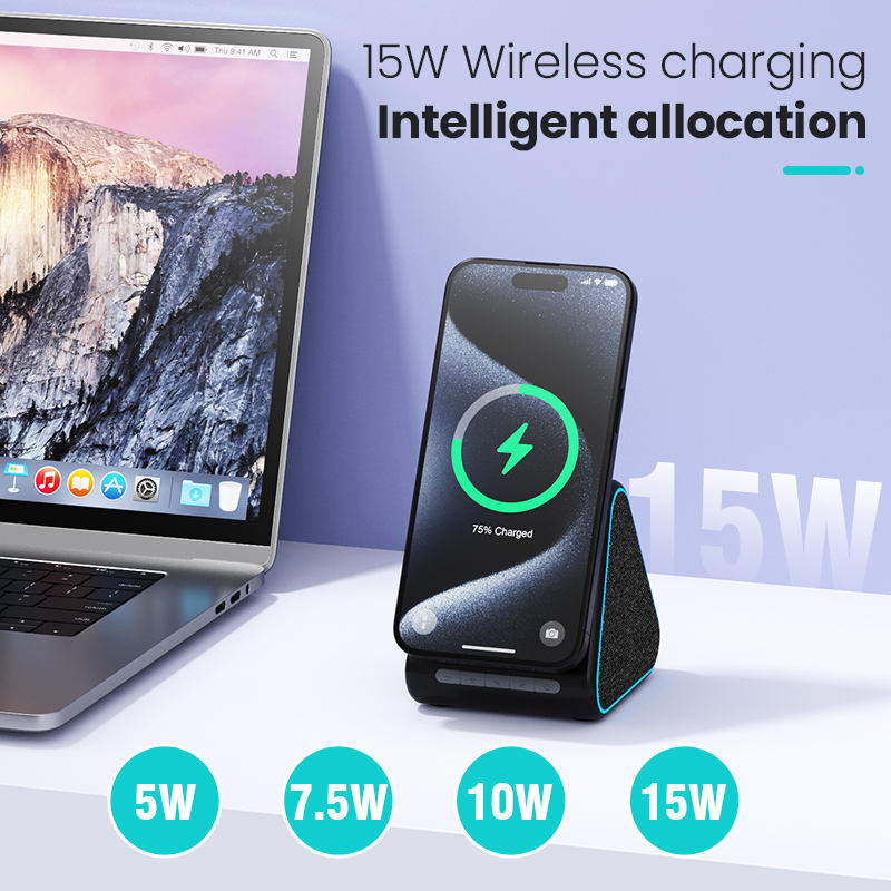 Wireless charger with speaker suitable for Apple phone magnetic wireless charging stand adjustable with Bluetooth speaker