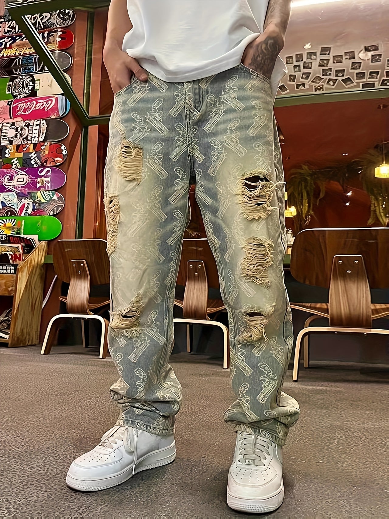 1pc Men'S Vintage Washed Distressed Denim Jeans, Casual Cotton Blend Printed Pattern, Regular Fit Straight-Leg Pants, Non-Stretch Fabric, Regular Length for All Seasons - Update Avenue