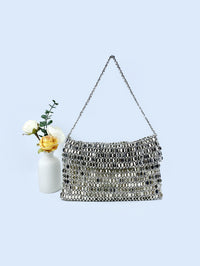 Thumbnail for Retro metal sequin silver bag women's bag hand woven high-end feel handbag shoulder and armpit bag