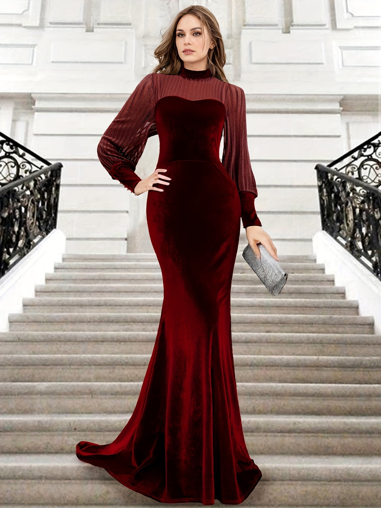 Elegant Velvet Mermaid Gown with Lantern Sleeves - Perfect for Weddings, Engagements & Formal Events | Sheer Mesh Detailing, Stretchy Elastane/Polyester Blend, Machine Washable | Chic Evening Dress for Women