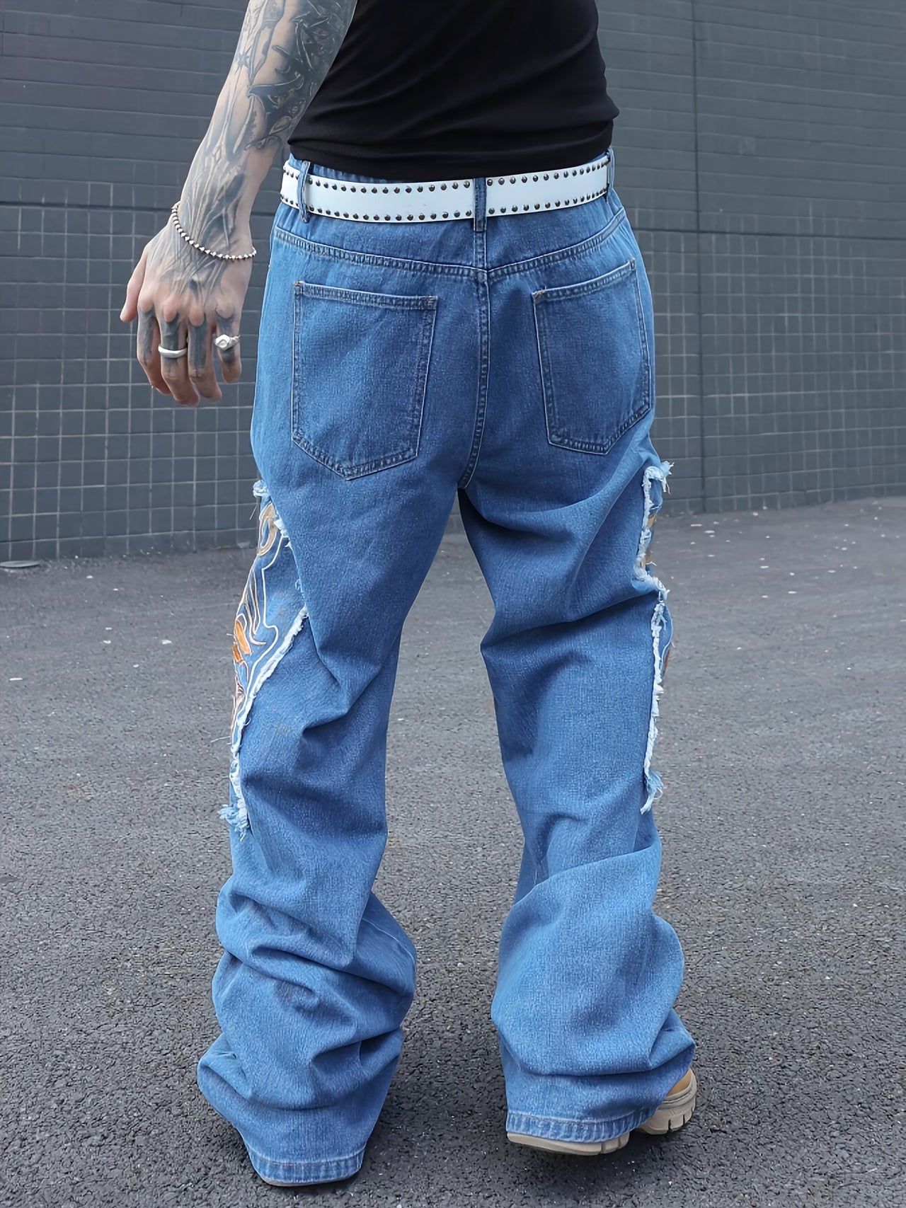 Men's Vintage-Inspired Embroidered Jeans - Hip Hop Street Style, Loose Fit, Cotton Blend, Machine Washable, for Autumn, Spring - Update Avenue