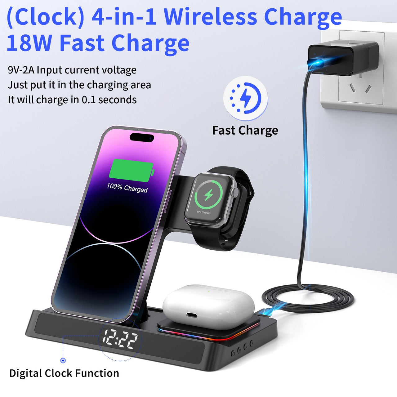 Wireless charging four in one folding clock charging dock suitable for wireless charging of Apple 14 mobile phones and watches