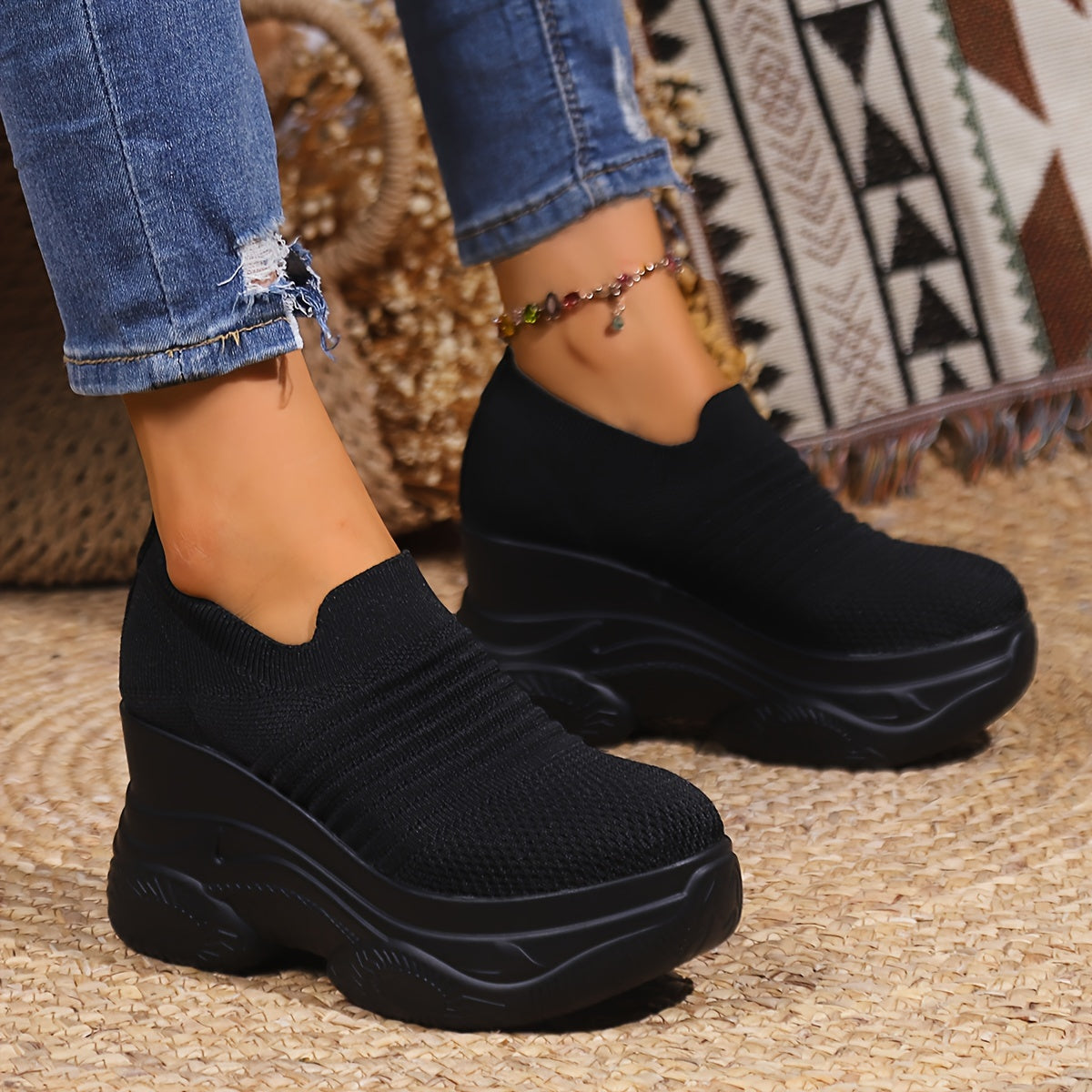 Women's Breathable Knit Sneakers, Black Slip-on Comfort Shoes, Casual Style, Thick Sole, Simple Design - Update Avenue