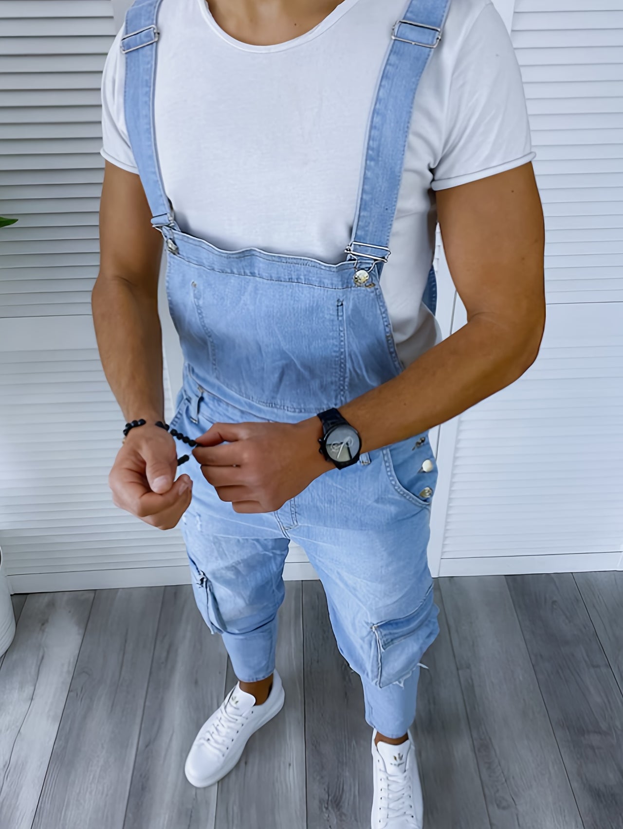 Men's Slim-Fit Denim Overalls with Side Pockets - Stretch Cotton Blend, Machine Washable, Solid Color - Update Avenue